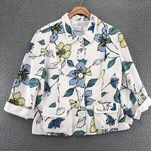 Emma James Jacket Womens 14 Blue Floral Linen Blend Button Collared 3/4 Sleeves